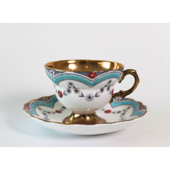Vintage Tea Cup and Saucer Lefton Rosina Bone China Made in England Blue Gold - Picture 1 of 8